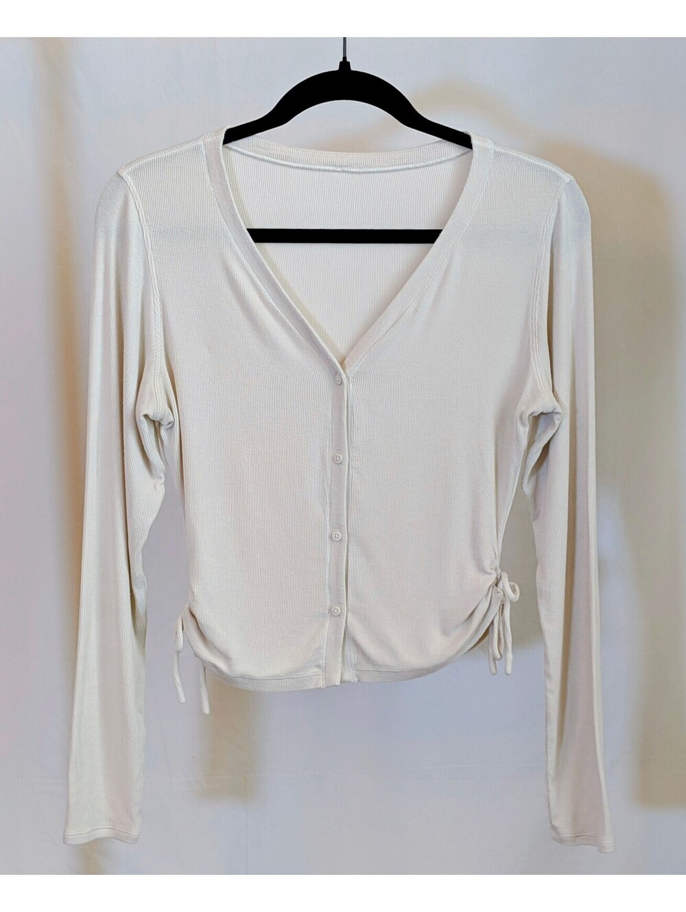 Lululemon Side-Cinch Ribbed Cardigan Bone Off White Button Top Athletic No Size